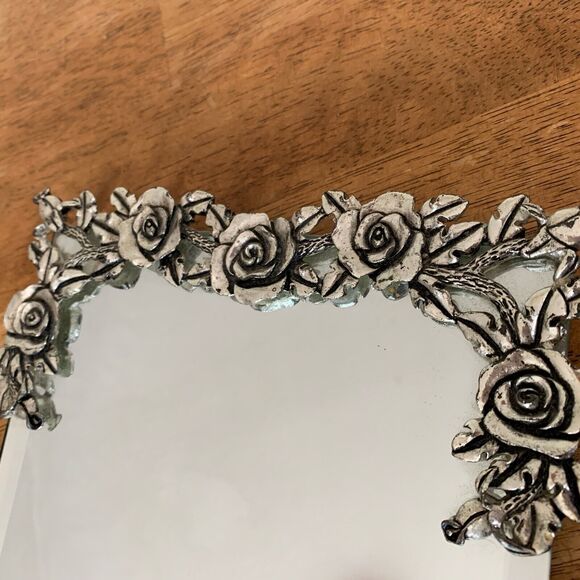 ORNATE VINTAGE VICTORIAN HAND PAINTED ROSES EASEL SILVER‎ PLATE VANITY MIRROR - Picture 6 of 8